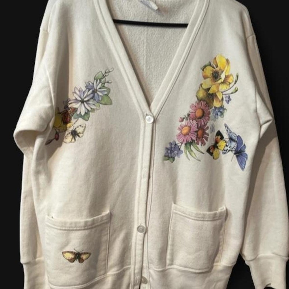 Vintage Gloria Floral Butterfly Cardigan Sweatshirt Large Made in USA Cream L